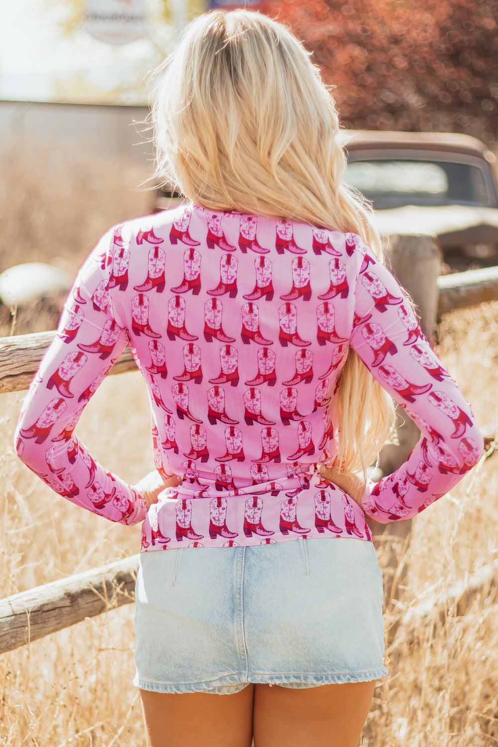 Western Wear - Pink Cowgirl Boots Printed Mock Neck Long Sleeve Mesh Top