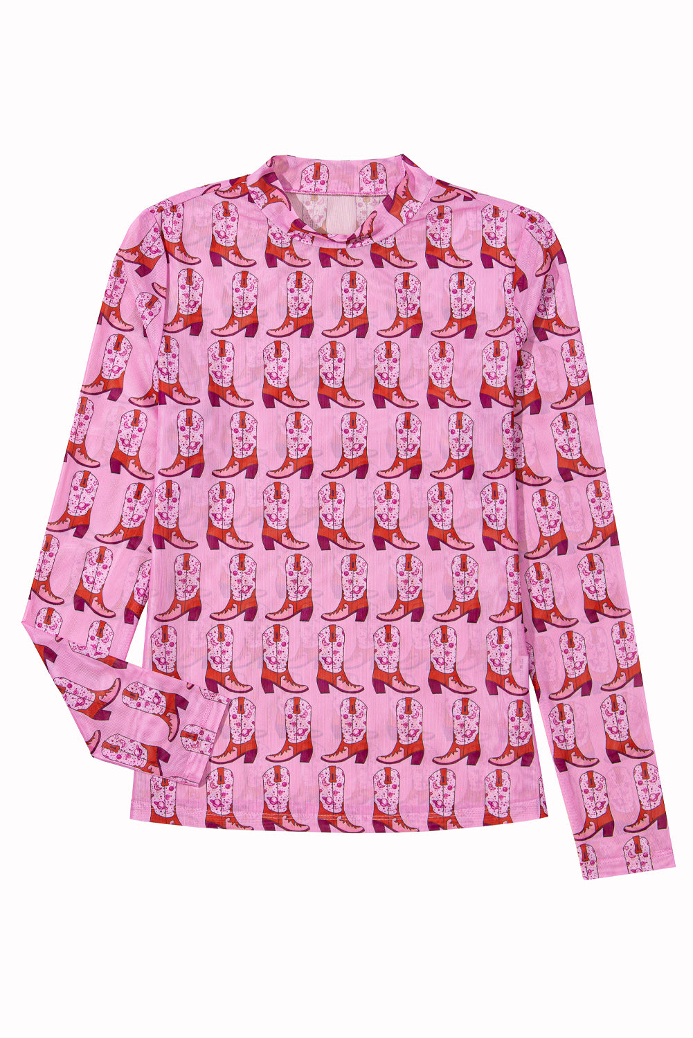 Western Wear - Pink Cowgirl Boots Printed Mock Neck Long Sleeve Mesh Top